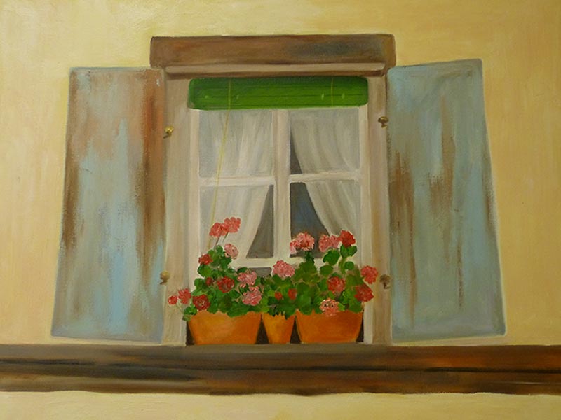 Casa en la Alsacia con Ventana Azul (Óleo) (92x73 cm)